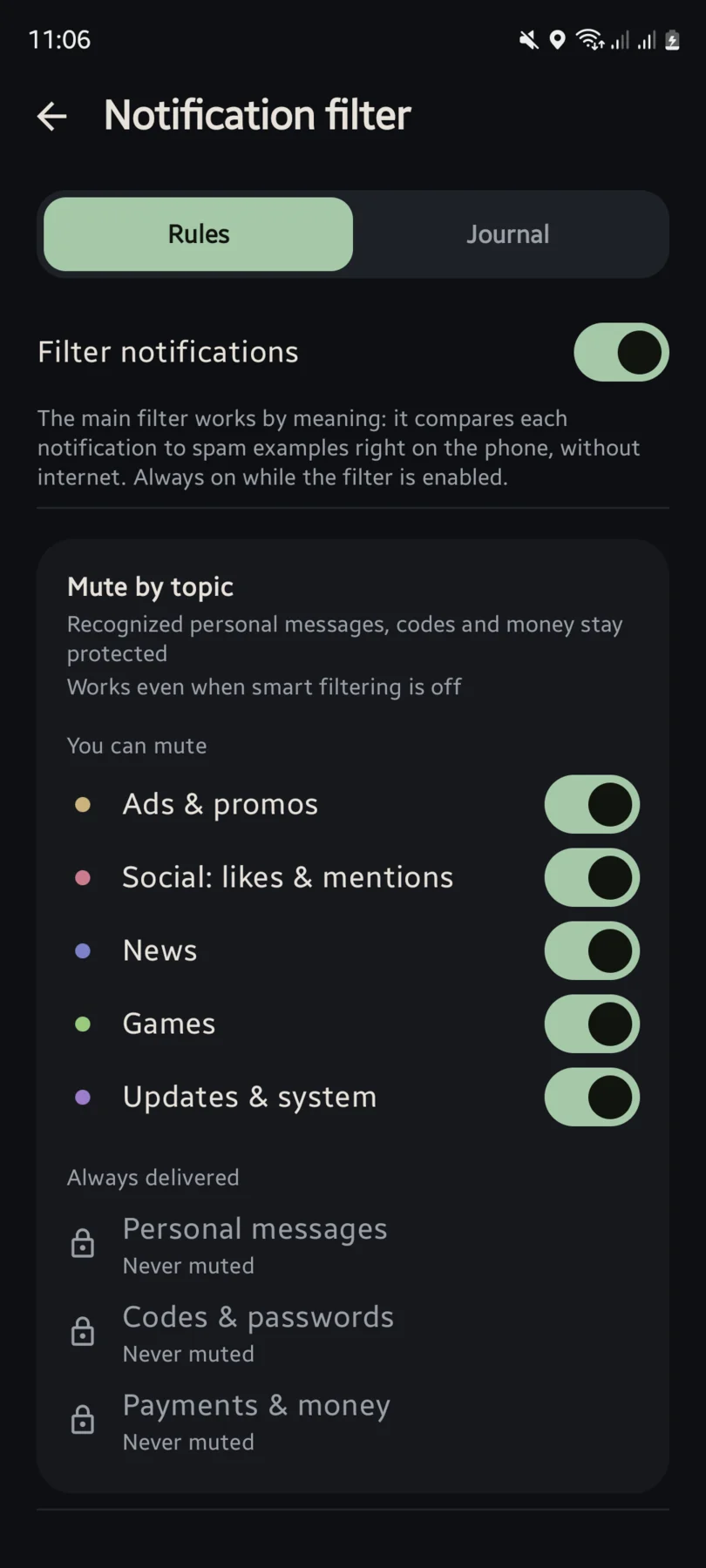 The notification filter's rule screen: a master switch, topics you can mute such as ads and social, and an Always delivered list of personal messages, codes and payments that can never be muted.