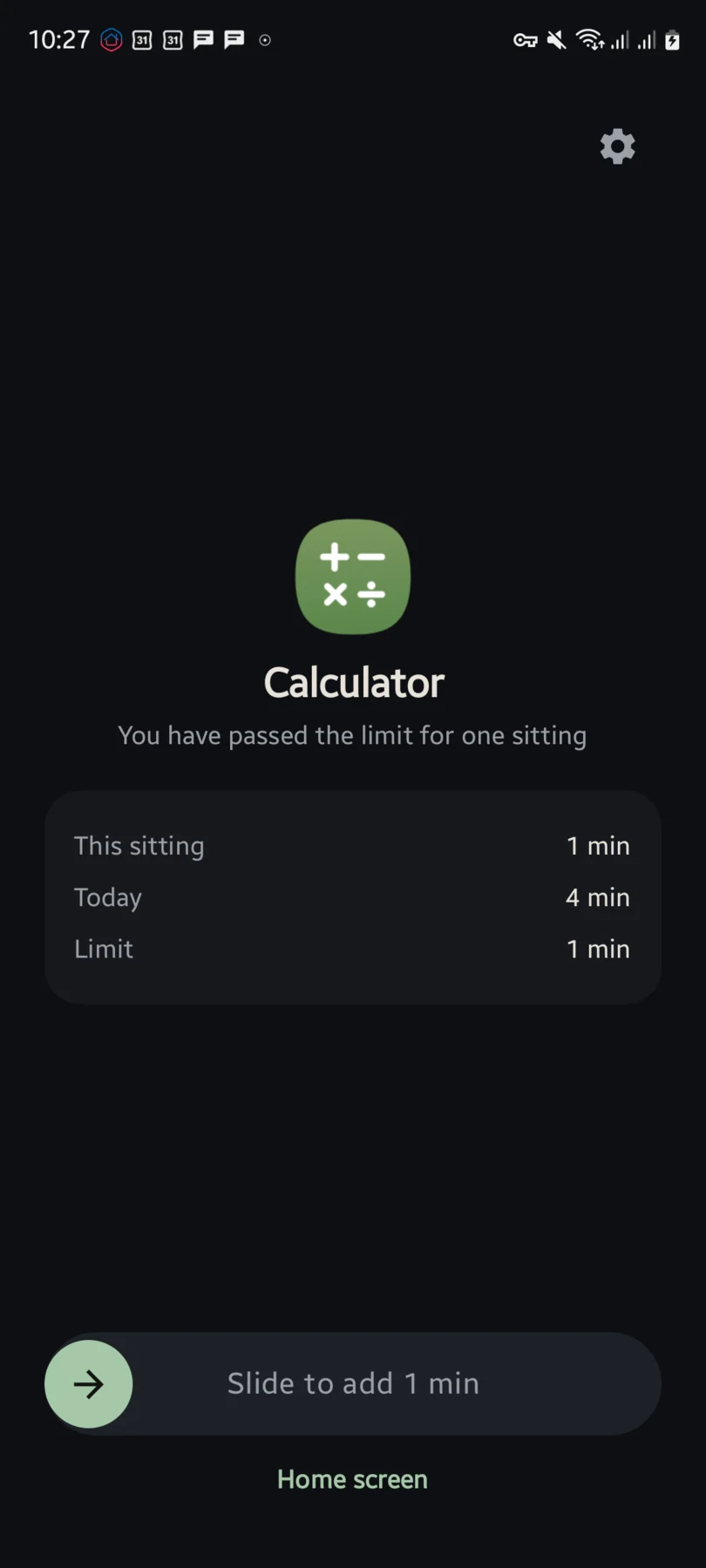 The app timer's reminder covering Calculator after its limit is passed: this sitting, today's total and the limit, with a slider to add more time.